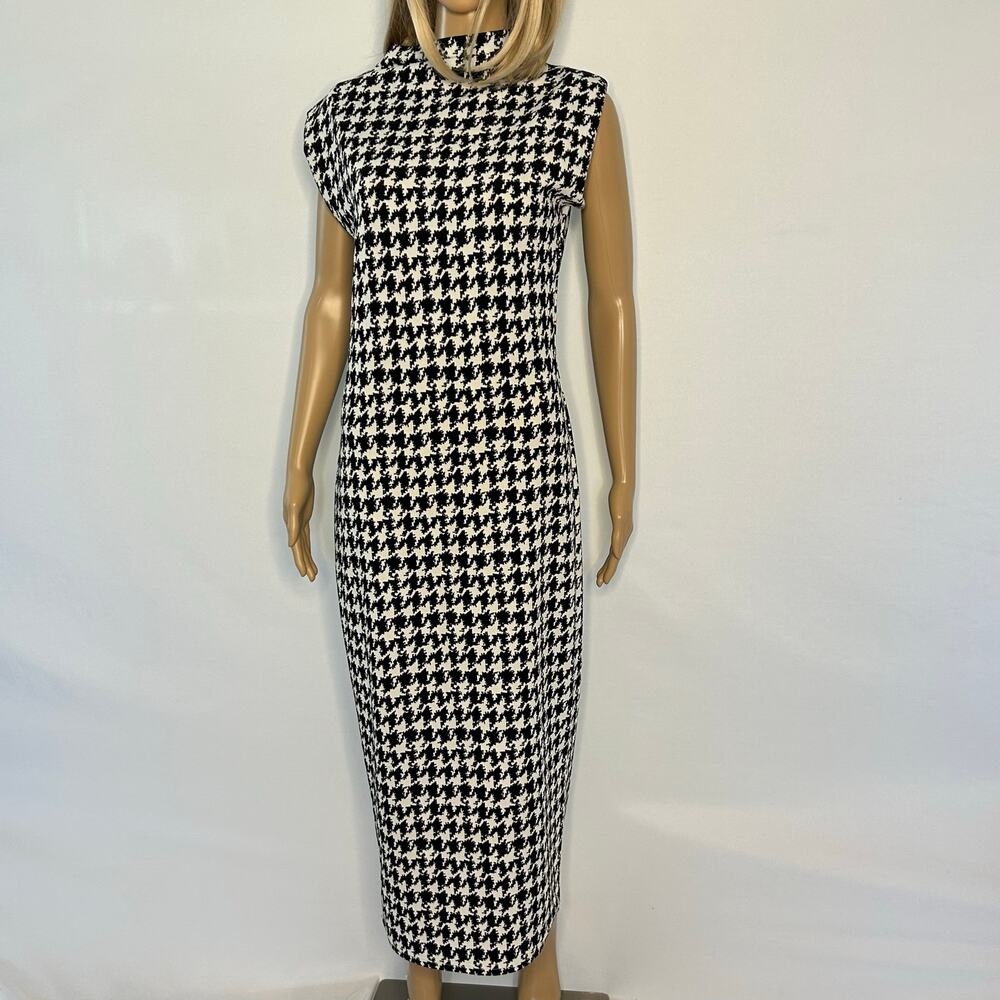 Women’s Large Houndstooth Mock Neck Midi Dress Shoulder Pad Bodycon Black White
